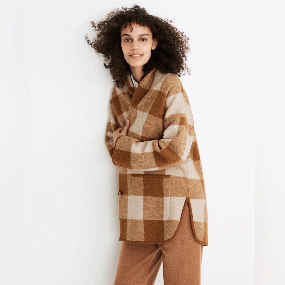 NWT Madewell Buffalo Check Plaid Sweater Coat Jacket Shacket Tan Brown XXS